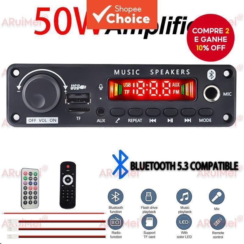 Módulo Amplificador Bluetooth 5.3 De 50 W Com Reprodutor De MP3 Rádio FM USB TF E Gravação De Microfone