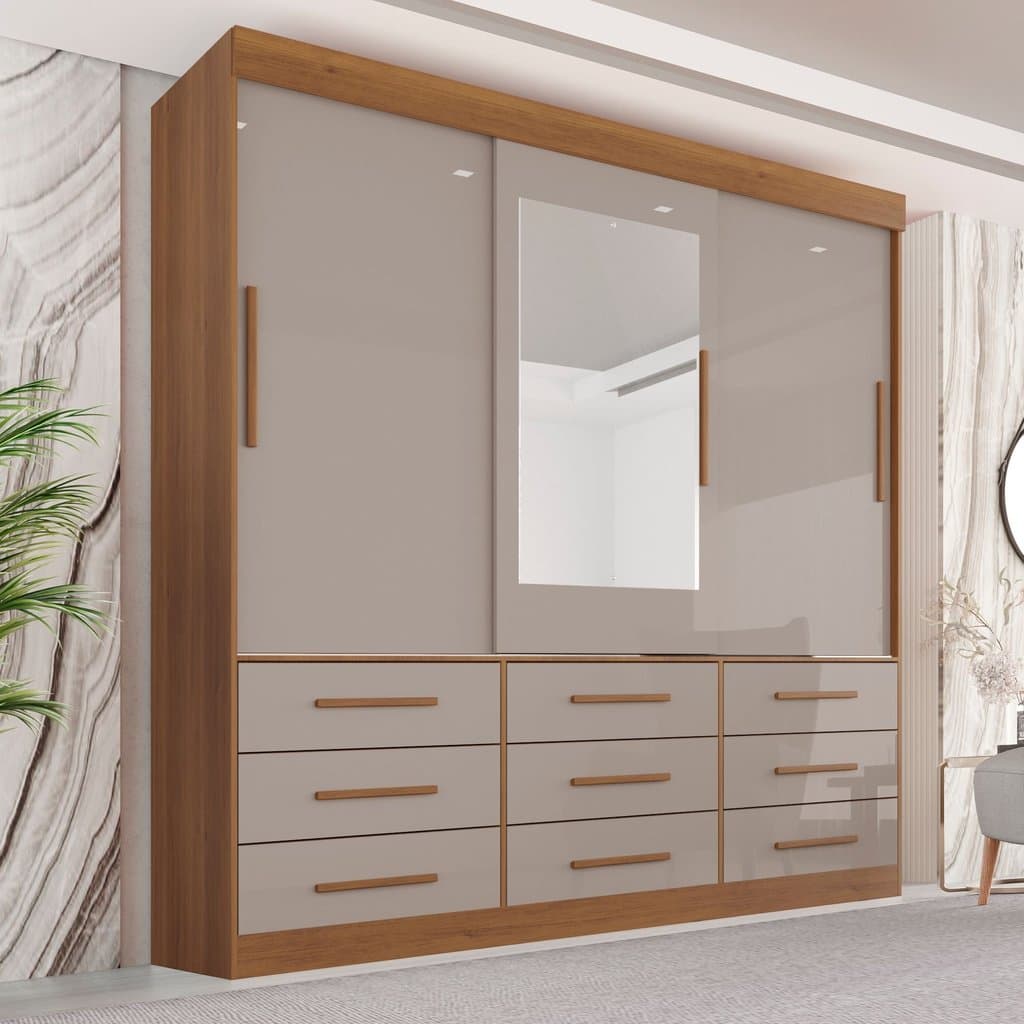 Guarda Roupa Casal 3 Portas 9 Gavetas com Espelho Luana  Cinamomo/Off White