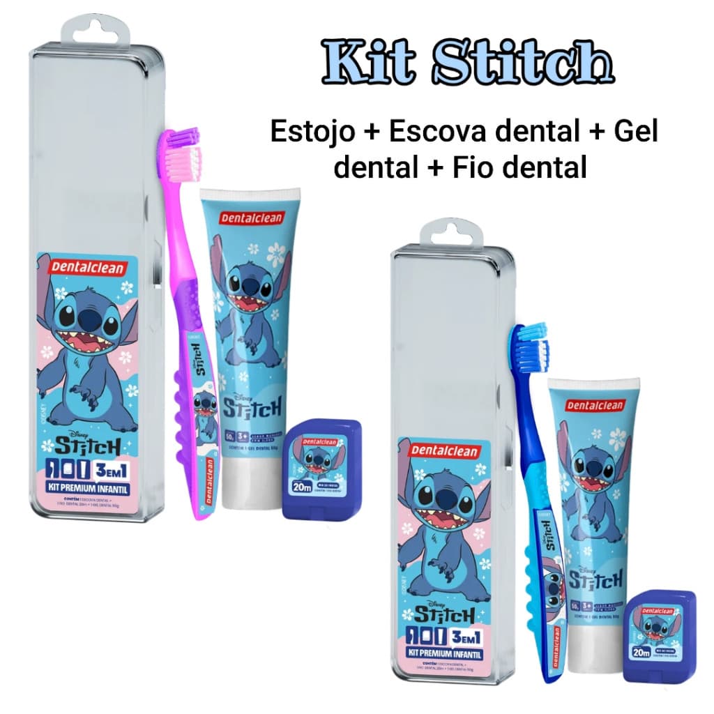 Kit infantil Stitch 3 em 1 Escova de dente + Gel dental 50g + Fio dental 25m - Dentalclean