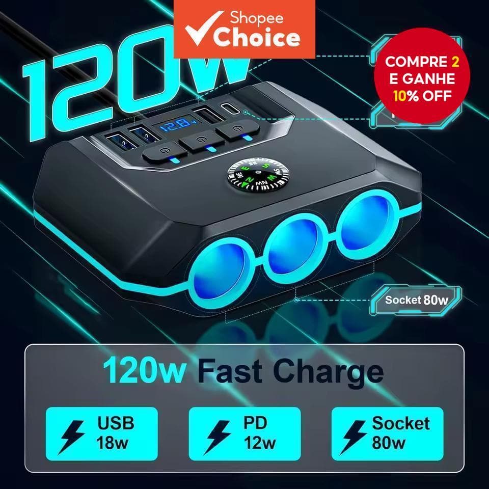  120W 12-24V Carregador de Carro Tipo C Splitter Adaptador Auto USB PD Tomada de Energia com ON/OFF LED Carregador