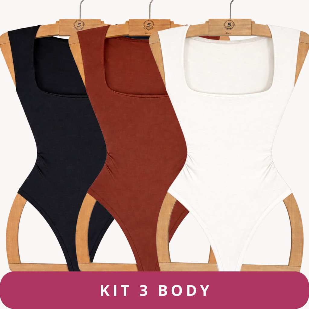 Kit 3 Bory Regata Body Decote Quadrado Feminino Luxo Alças Grossas Collant Sulplex Forro Dulplo