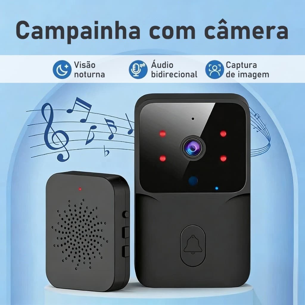 Campainha Com Câmera Vídeo Porteiro Sem Fio Wi-Fi HD Inteligente Smart Quem Mora Sozinho