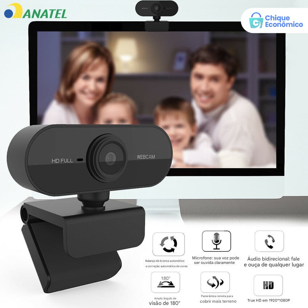 Webcam HD 1080p Microfone 360° Giratória Ajuste Livre para PC Notebook Home Office