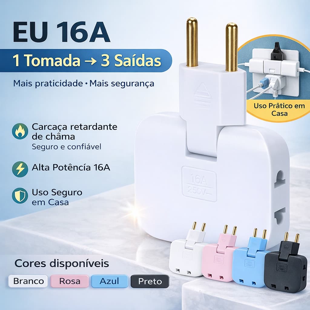 Pino Adaptador de Tomada 3 Saídas 16A Bivolt Articulado Flexível Dobrável Extensor Universal