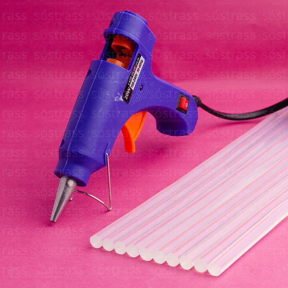 Kit Aplicador de Cola Quente 7mm - 20W Bivolt Botão Liga e Desliga + 10 Bastões Finos