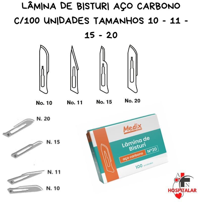 Lâmina De Bisturi Aço Carbono Caixinha C/100 Unidades Medix Tamanhos 10 - 11 - 15 - 20