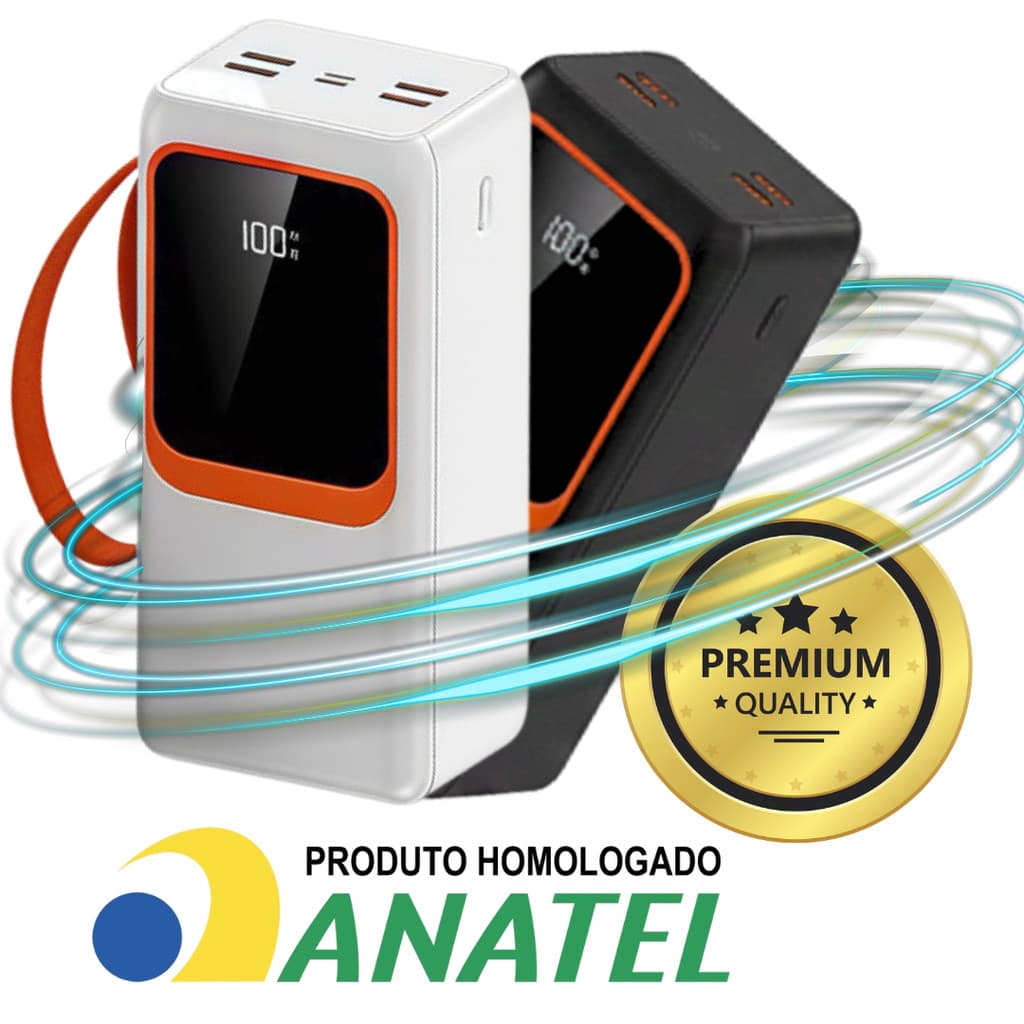Power Bank Turbo 30000mAh 66W PD Carregamento Ultra Rápido Com Cabos Integrados Premium