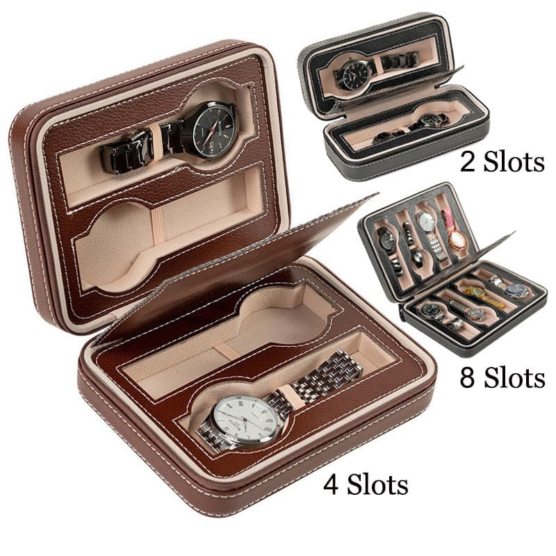 2/4/8 Slots Caixa De Relógio De Viagem De Couro Com Zíper Caixas De Armazenamento Portátil Caso De Exibição Organizador 