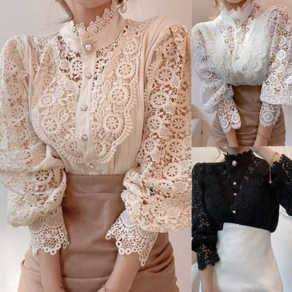 Blusa Feminina Estilosa Camisa BotãO Oco Out de Stand Branca Com Collar Blusas Renda De Algodão