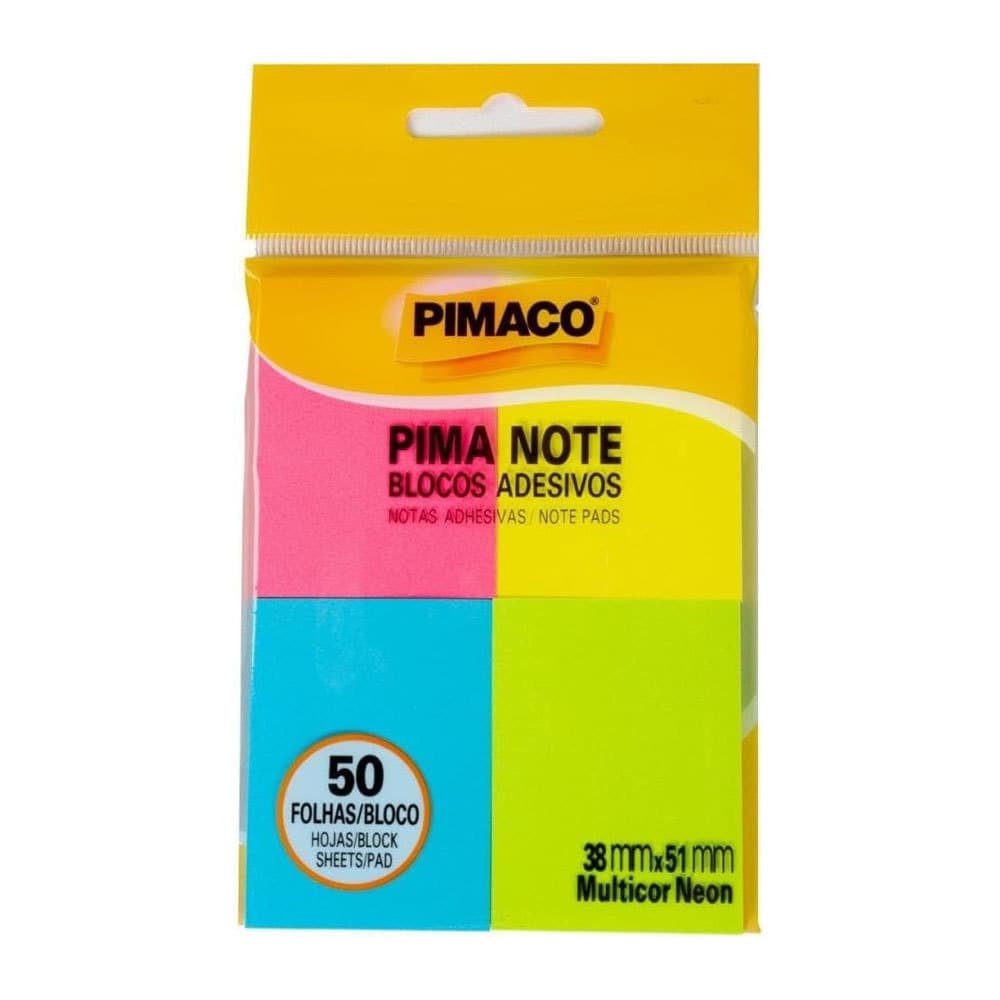 Bloco recado adesivo Pima Note Multicor Neon 4 blocos de 38x51mm 50 folhas Pimaco