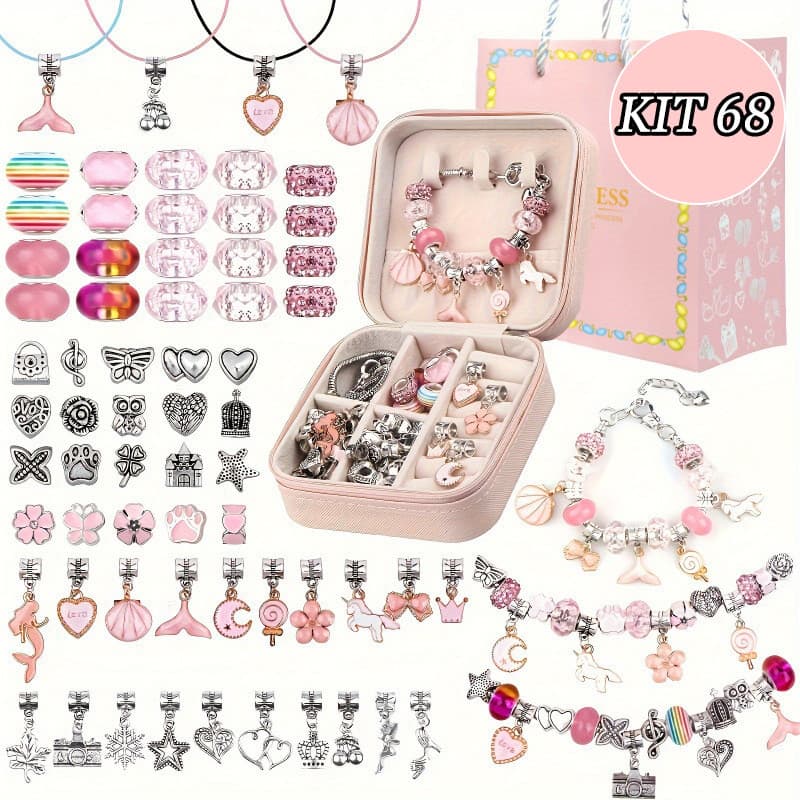 Kit Joia Pulseira Miçangas Berloques Diy Pulseira Princesas Para Meninas Com Caixa De Presente
