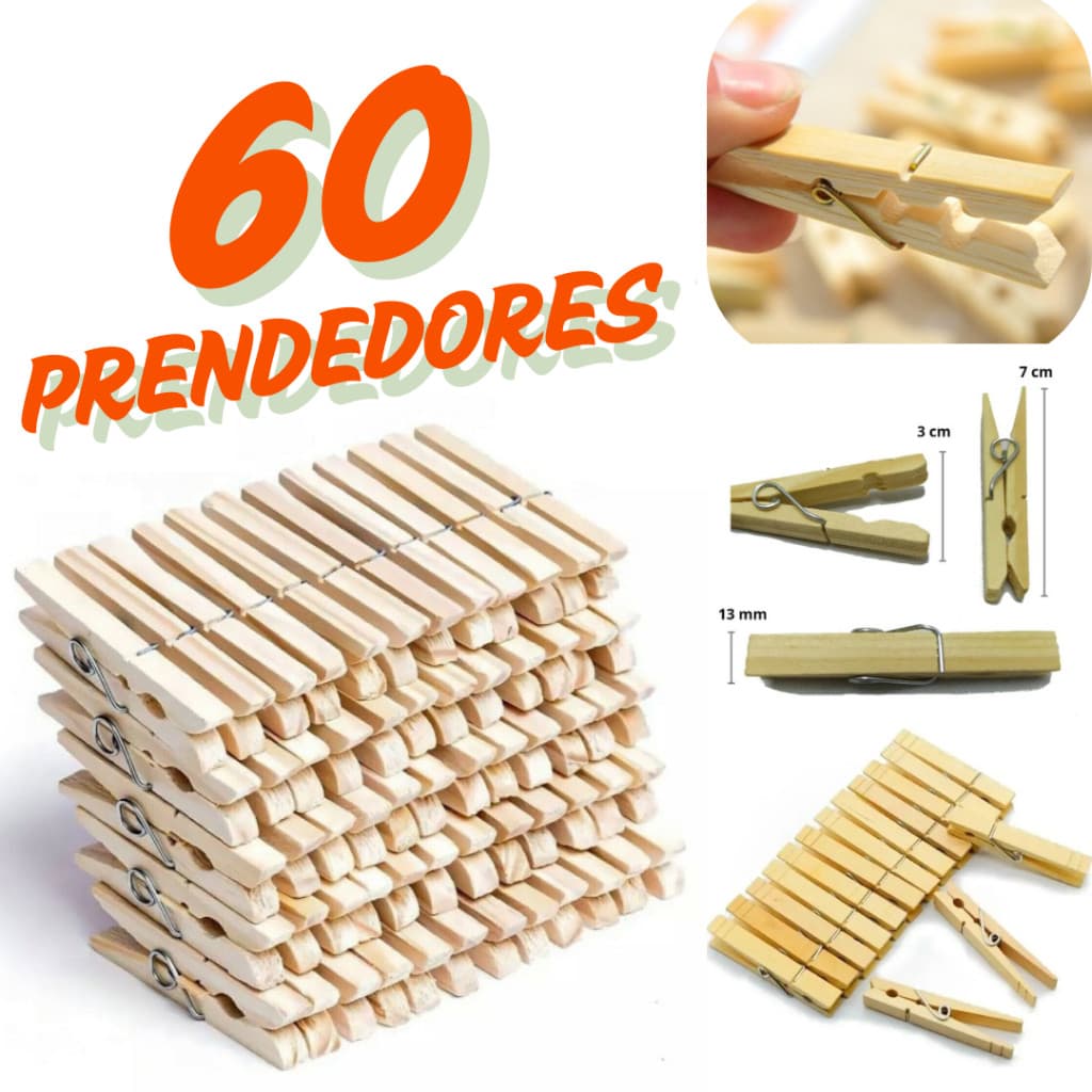 KIT 60 Pregador de Roupa Madeira Reforçado 60 Unidades Grampo Prendedor
