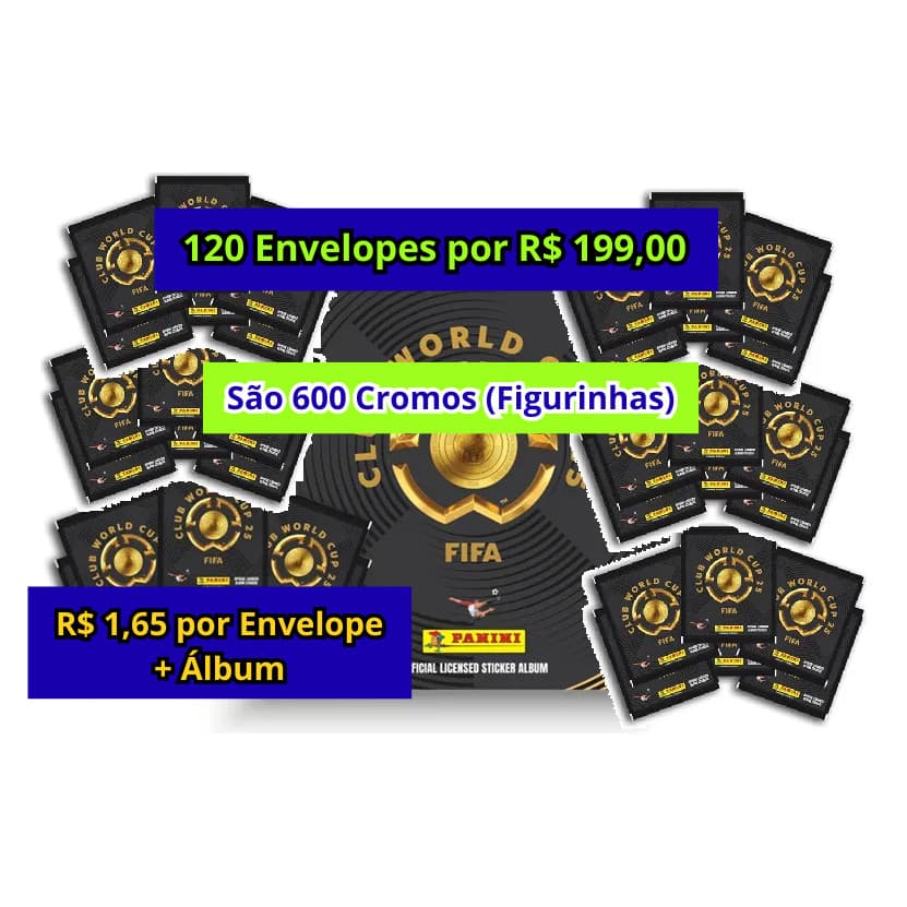 Kit 120 Envelopes de Figurinha Mundial de Clubes FIFA 2025 Panini + Álbum Brochura - 600 Cromos