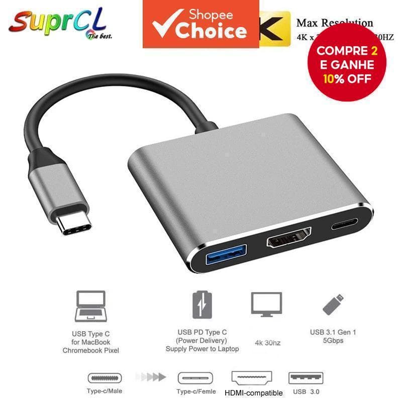 Tipo C Porta USB HUB 3 Em 1 4K Adaptador HDMI USB3.0 PD 87W Adaptadores De Metal OTG De Carregamento Para PC Laptop