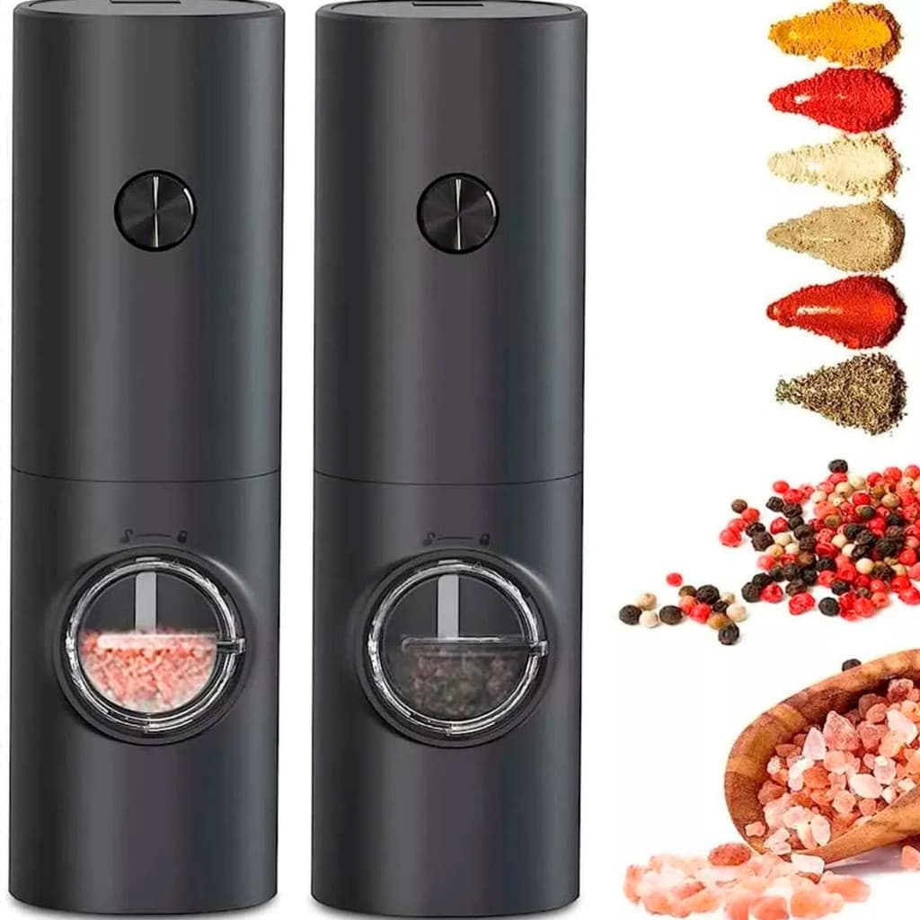 KIT Moedor Elétrico de Sal e Pimenta Preto Ajuste de Granulagem  Fácil de Usar e Elegante