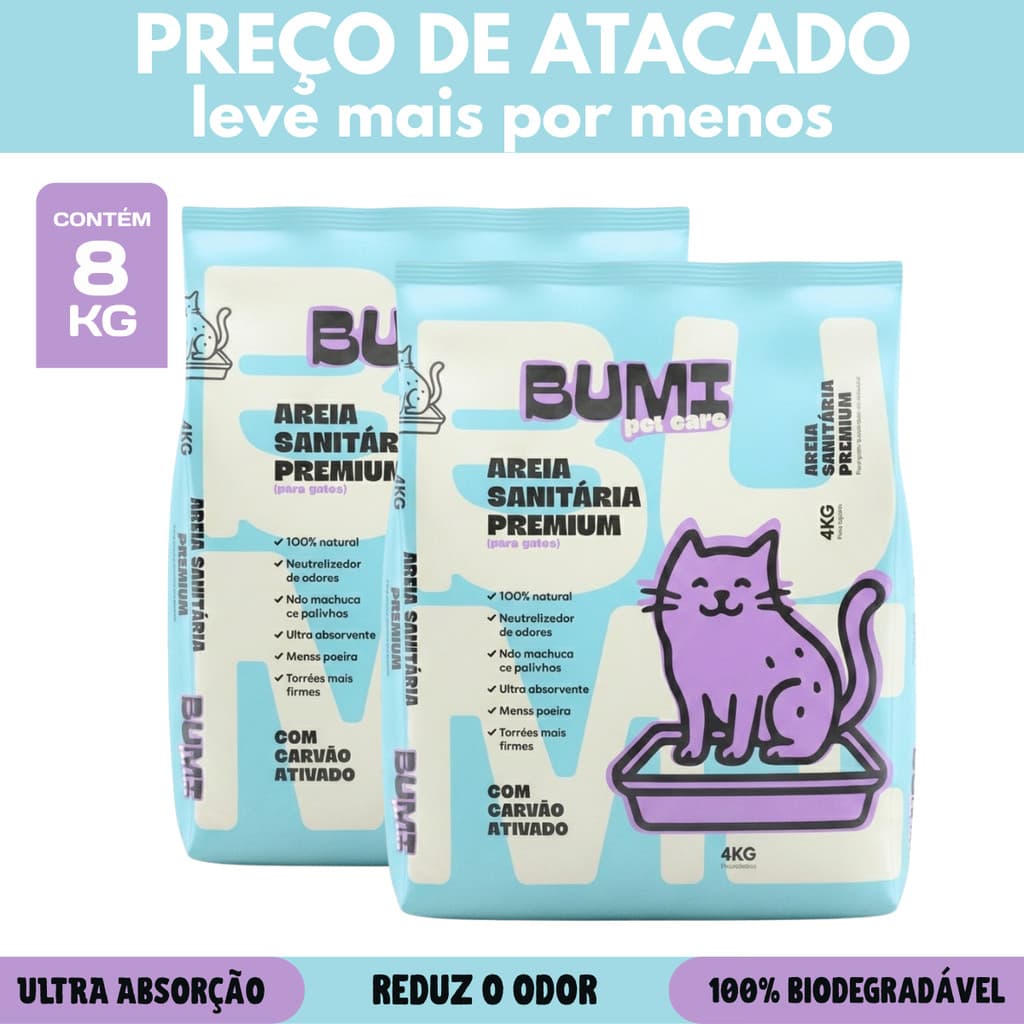 Kit com 2 Areia Sanitária Biodegradável Esmectita com Carvão Ativado 4kg Bumi Pet Care