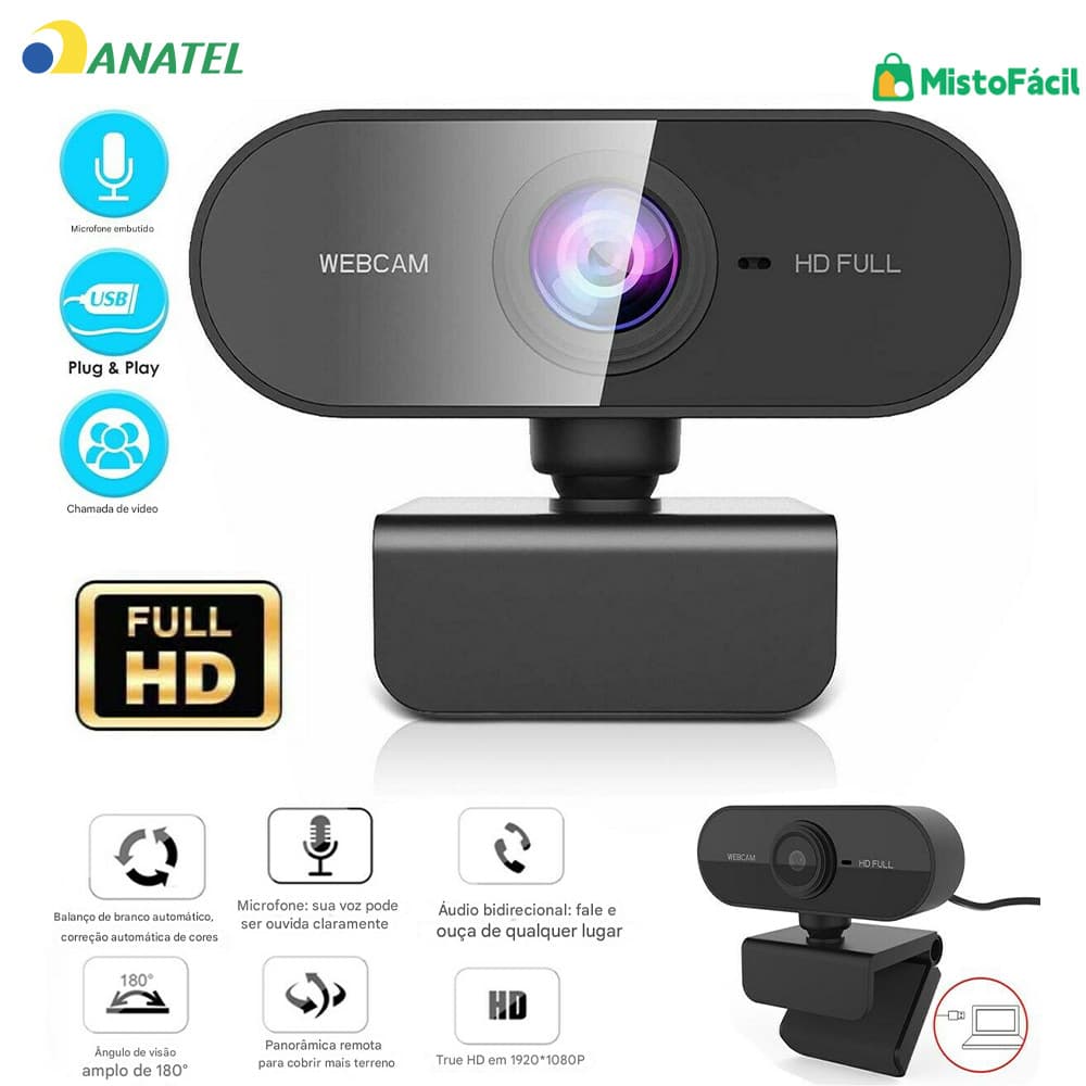 Câmera para Home Office Full HD 1080p com Microfone Rotação 360° Ajuste Livre Compatível com PC e Notebook