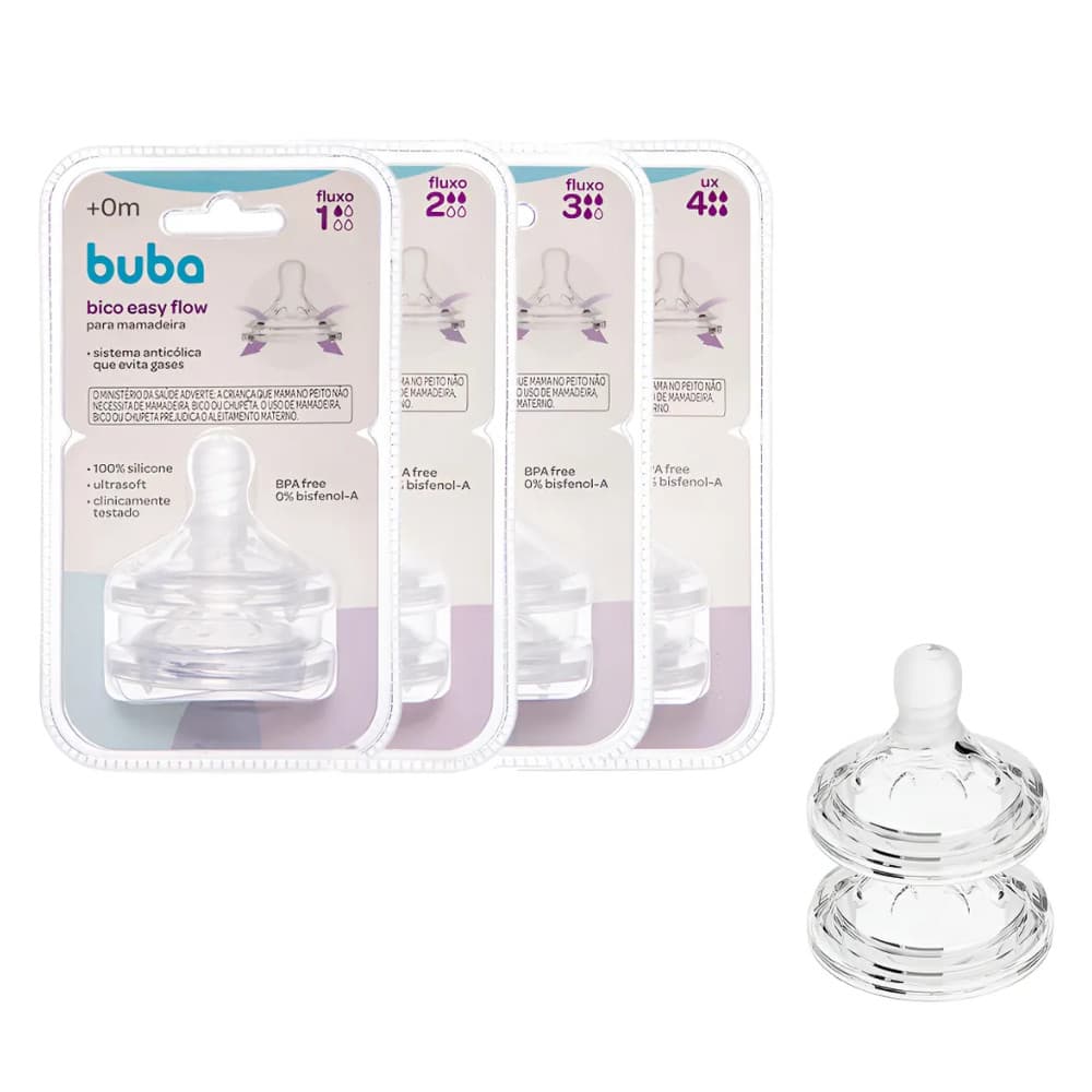 Bico para Mamadeira Easy Flow Buba Anticólica Macio 100% Silicone 2 Unidades