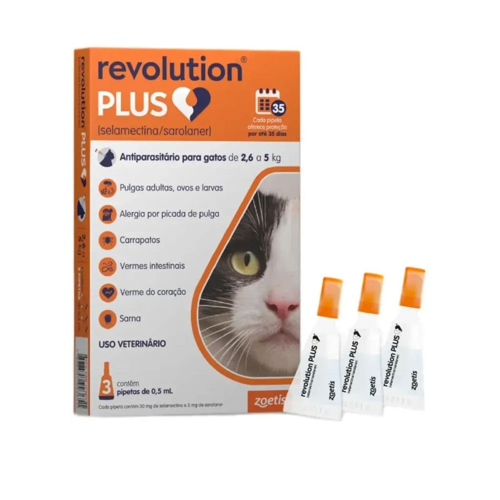 Antipulgas Revolution Plus Gatos de 2,6kg a 5kg C/ 3 Pipetas