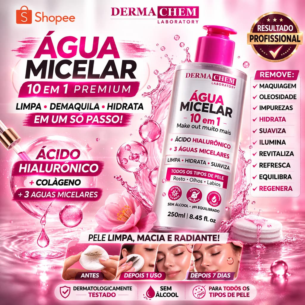 💧 Água Micelar Dermachem 10 em 1 250ml Ácido Hialurônico ✨