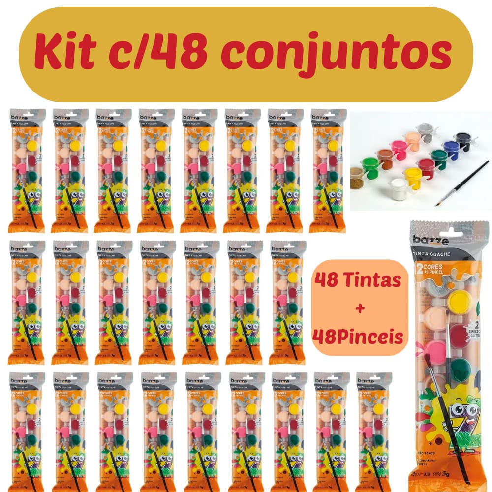 Kit 12, 24, 36 e 48 Caixas Tinta Guache 12 Cores Com Pincel  - Bazze