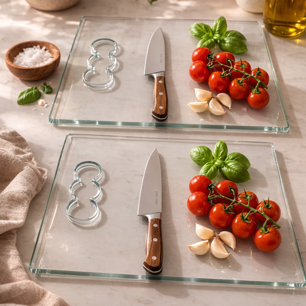 KIT  2 TÁBUAS DE CORTE DE VIDRO TEMPERADO INCOLOR 35X25 CM 10MM