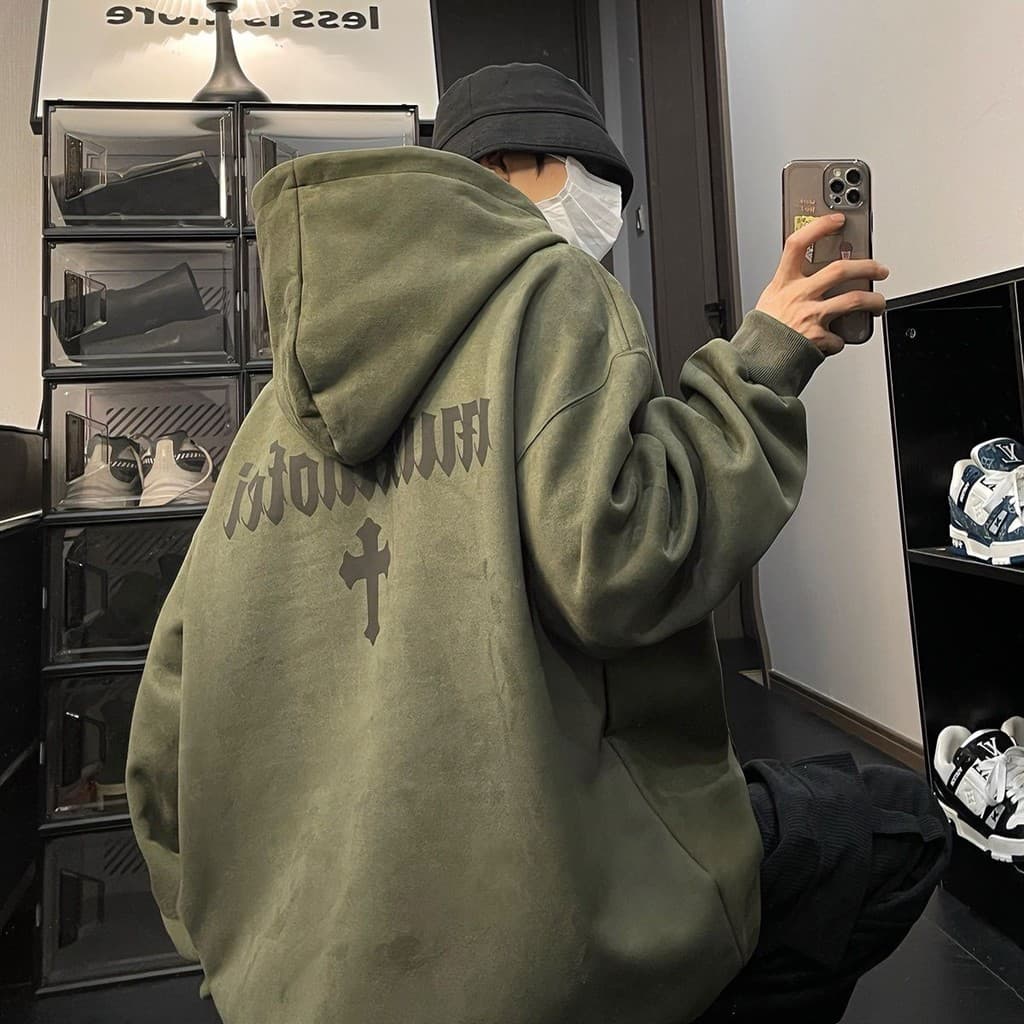 Temporada pesada camurça moletom com capuz masculino americano Street Wear solto All-Match topo Retro amor