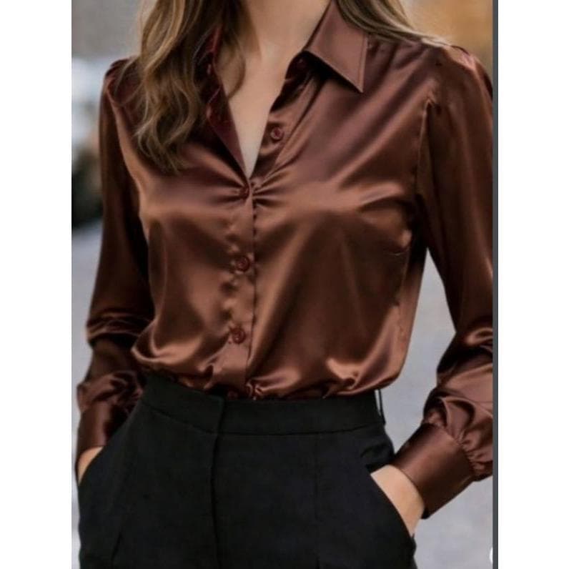 W213 Camisa Feminina Cetim com Mangas Longas em Tecido Suave