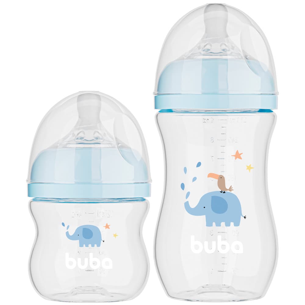 Kit 2 Mamadeiras Anticolica Buba Ultra Soft 120ml e 270ml Easy Flow Azul BPA Free Tamanho 1 e 2