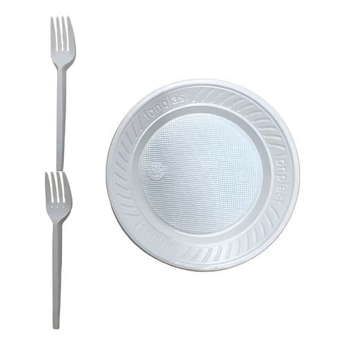 Kit Festa Prato Descartável E Garfos Bolo Sobremesa 100 pratos + 100 garfos  cor Branco