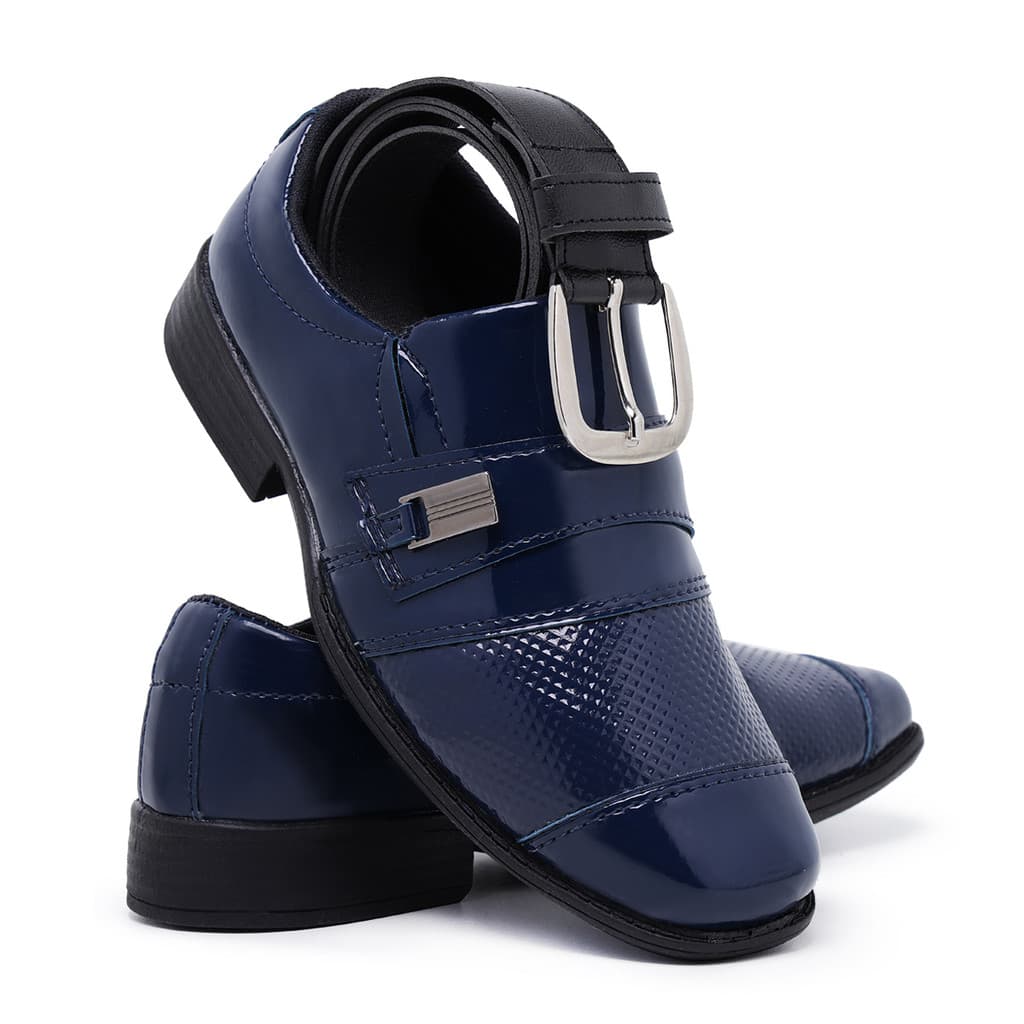 Kit sapato social infantil com cinto menino verniz brilhante confortável casamento festa azul marrom preto bordo