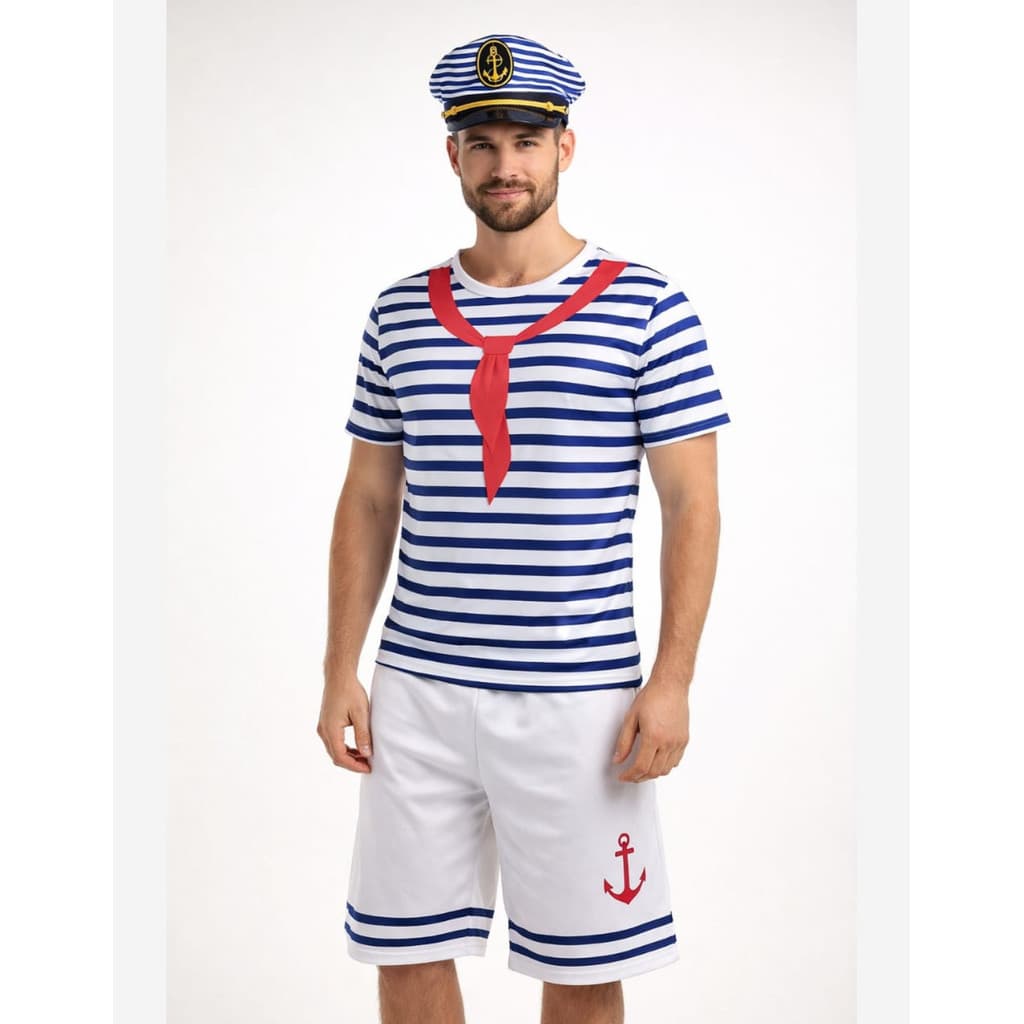 Fantasia Marinheiro Adulto Masculino Completa Camiseta Listrada Azul Short com Âncora e Chapéu Tema Náutic