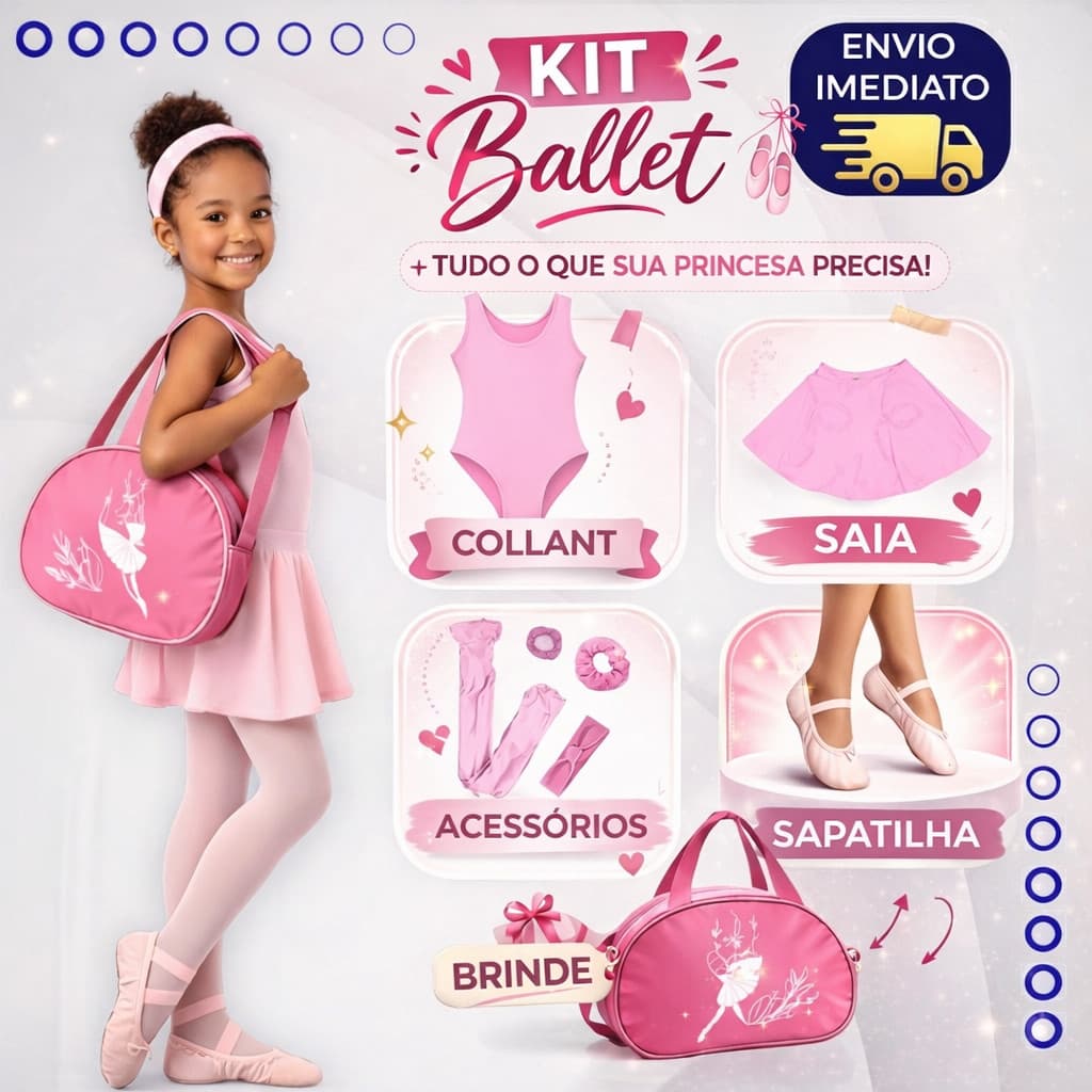 Kit Ballet Feminino Rosa 7 Peças Uniforme Infantil Completo+ Bolsa Brinde 2 a 12 Anos