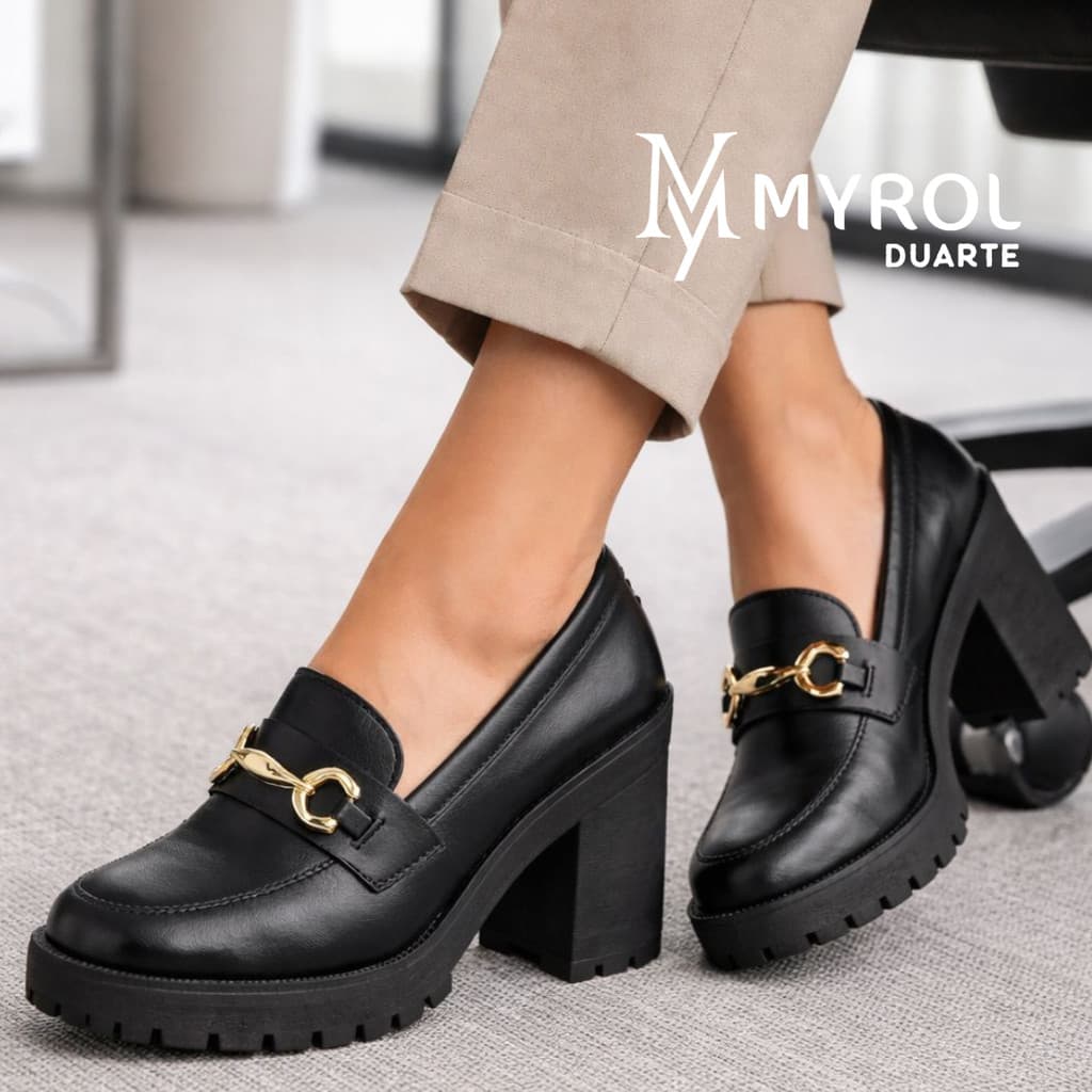 Sapato Mocassim Salto Médio Tratorado Bridão Slip On