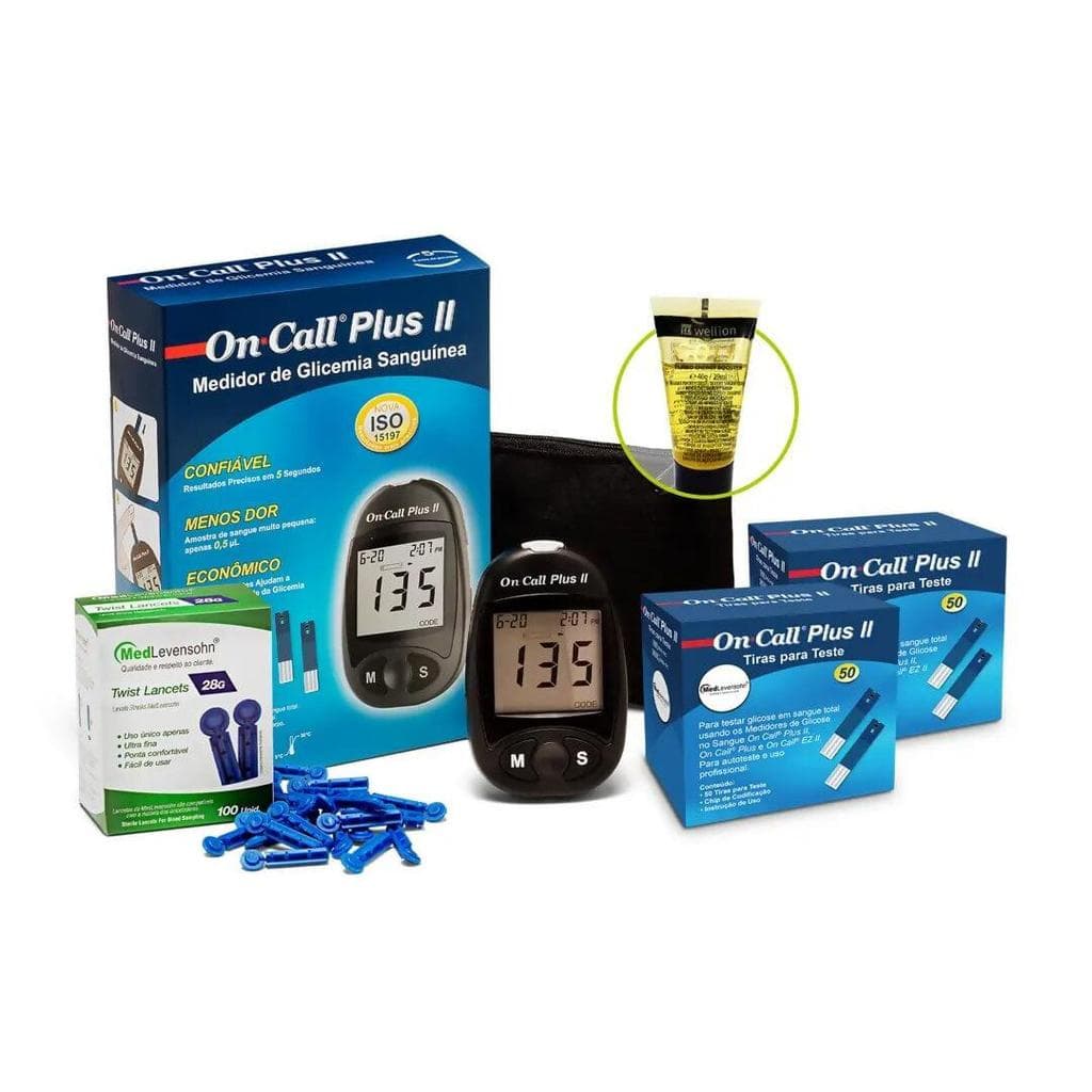 Monitor de Glicose + 100 Tiras + 100 Lancetas + 1 Glicose Líquida