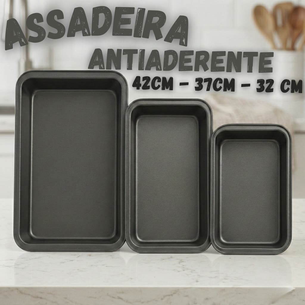 Kit 3 Formas Assadeiras Antiaderentes para Forno 32 37 42 cm Ideal para Bolo Lasanha Carne Frango Cozinha