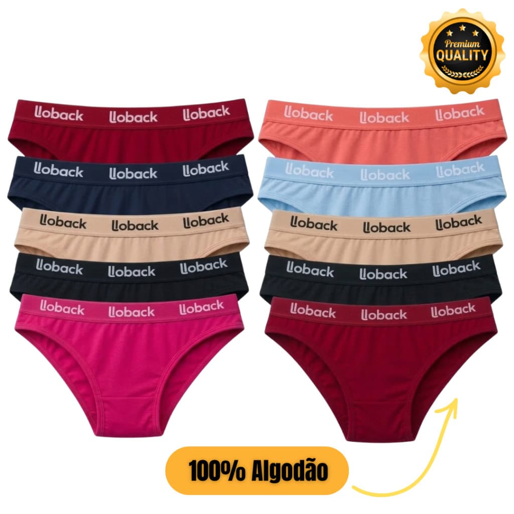 Calcinhas Femininas 100% Algodão Premium Cotton Com Cós Elastico Exposto Conforto Dia a Dia Kit 10 e 5 Unidades LOBACK