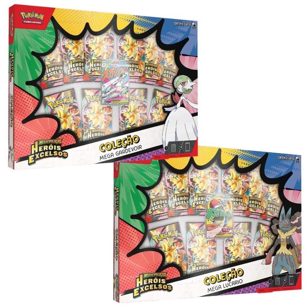 BOX POKÉMON COLEÇÃO MEGA GARDEVOIR LUCARIO EX COPAG EVOLUÇÃO ME2.5 TCG CARTA BOOSTER HERÓIS EXCELSOS