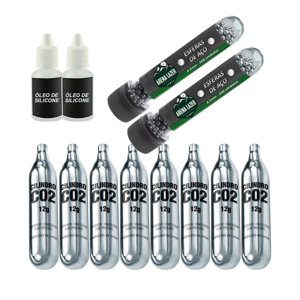 Kit 1000 Esferas Munição de Aço 4,5mm + 2 Óleo de Silicone + 8 Co2 Pistolas Revolver Rifles Pressão