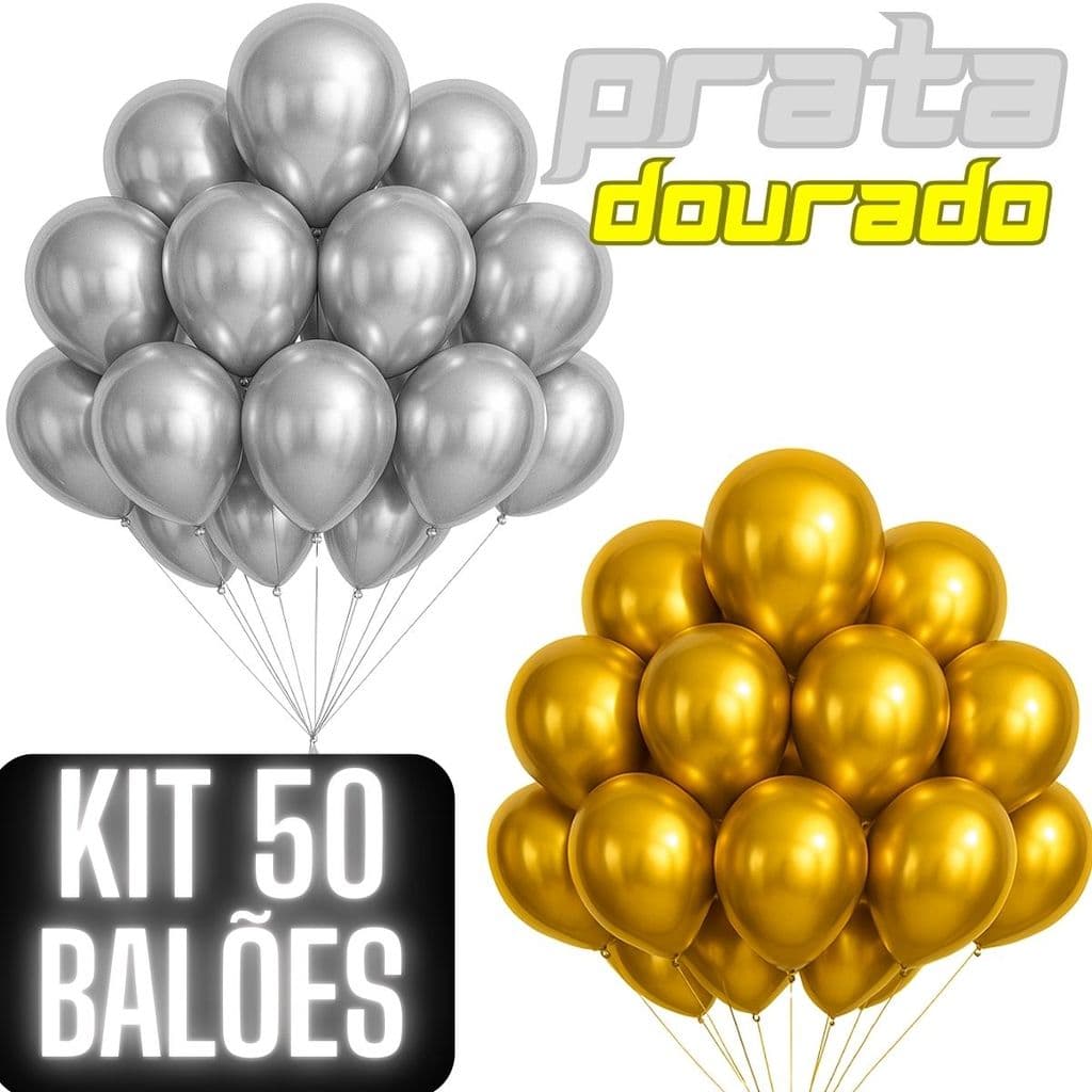 50 Balão Bexiga Metalizada Nº 10 Decoração De Festa Metalizada Aniversário Casamento DOURADO PRATA