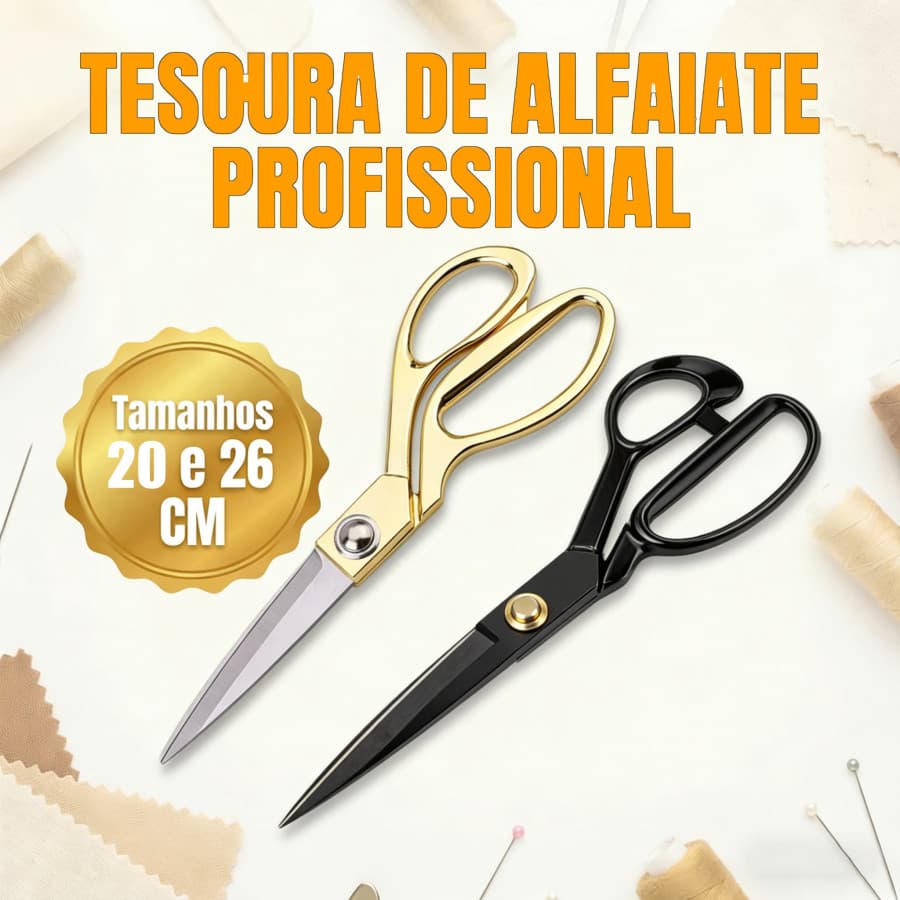 Tesoura de alfaiate profissional, aço inox, acabamento dourado e preto, corte preciso, 20cm-26cm