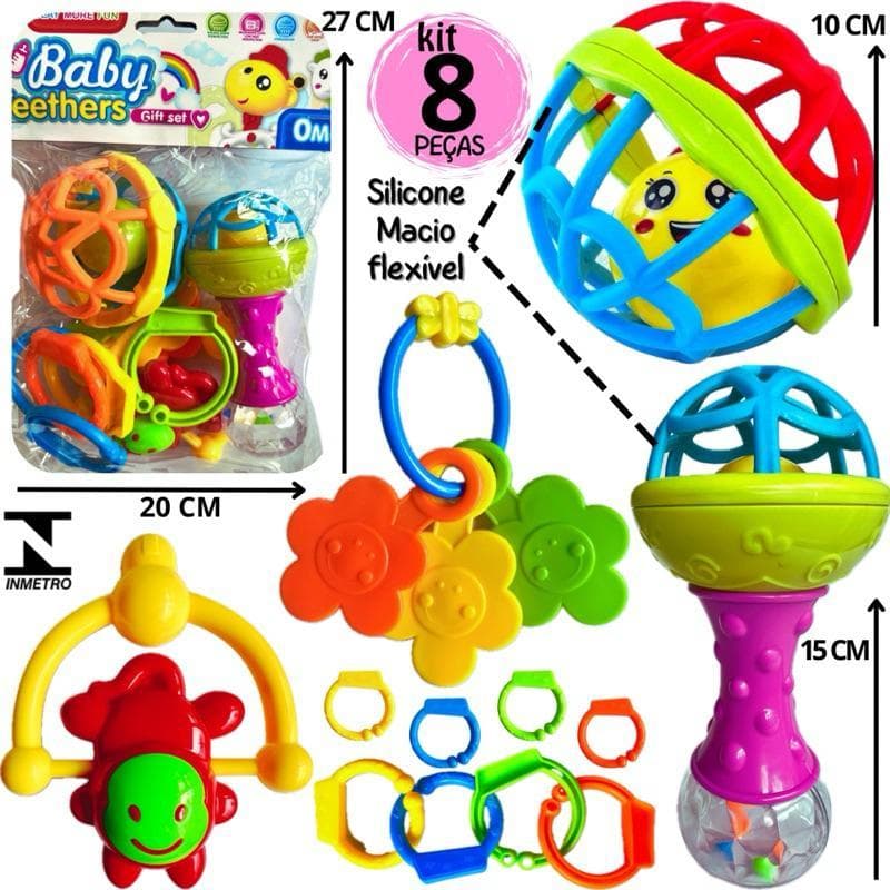 Brinquedo criança Kit 8 peças Mordedor para criança Sensorial Macio com Chocalho