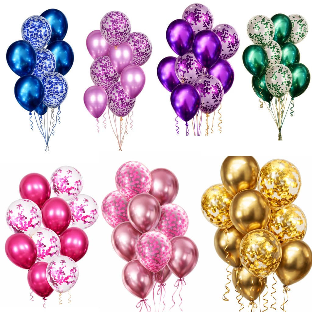 Kit Balões Cromados com Confete | 10 Bexigas 10” Decoração Festa Luxo (Várias Cores)