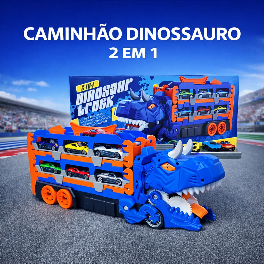 Caminhão Dinossauro com Pista Lançador Dino Truck Engole Carros Brinquedo Carrinhos