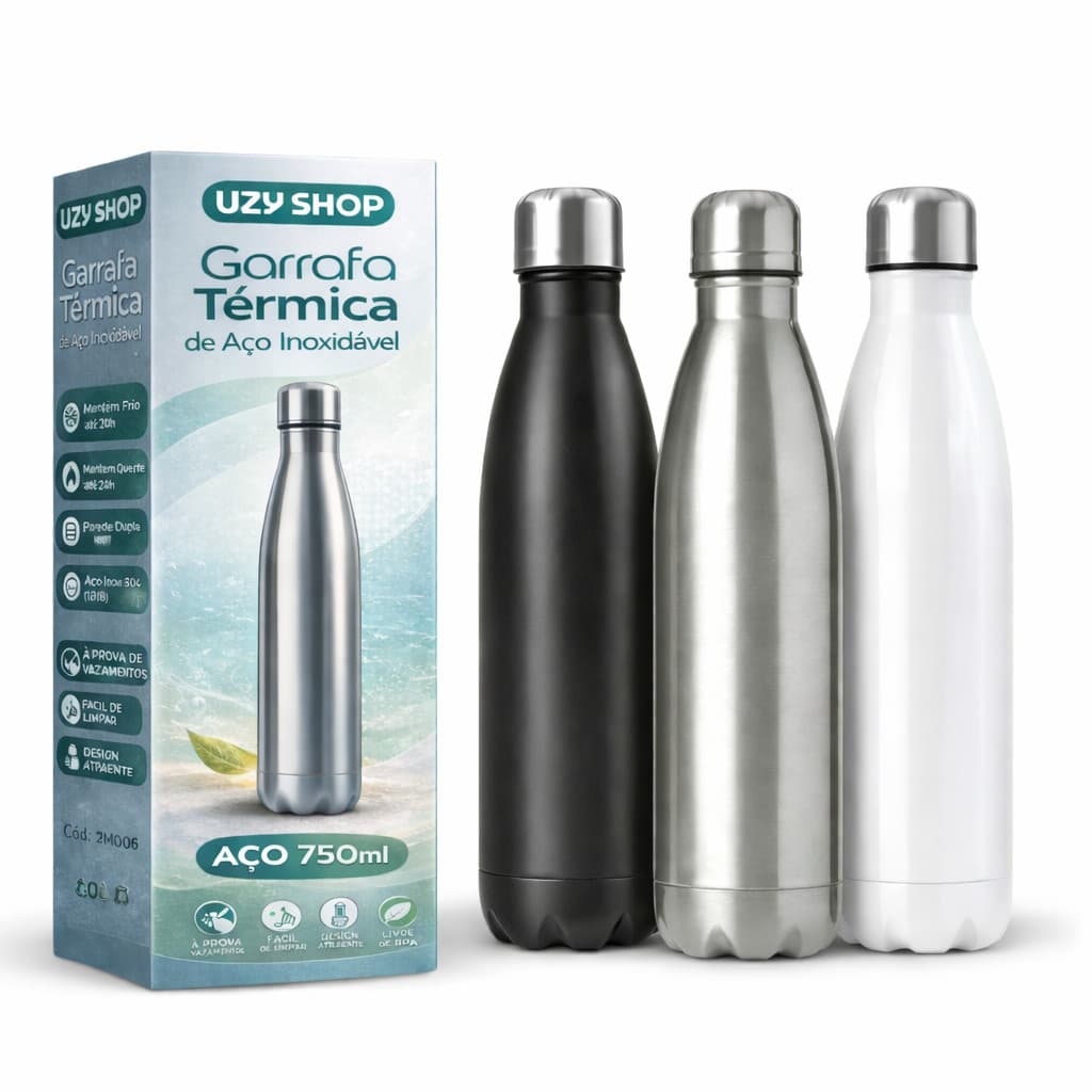 Garrafa Térmica de Inox Parede Dupla 750ml Prata Preto e Branca Vedação Hermética Livre de BPA