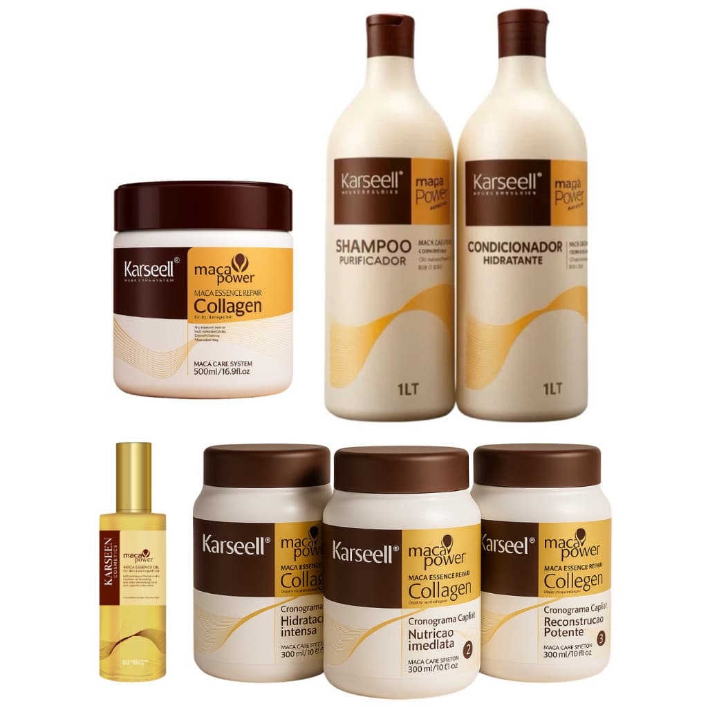 Kit Karseell Completo com 7 Produtos – Cronograma Capilar + Máscara 500g, Shampoo 1L, Condicionador 1L e Reparador 50ml