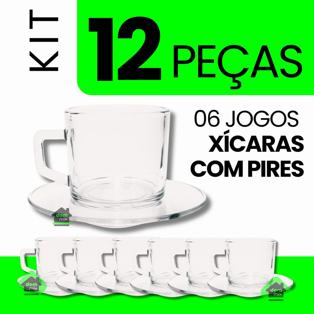 Jogo Xícaras Café Com Pires Chá 12 Peças Vidro Incolor 176ml