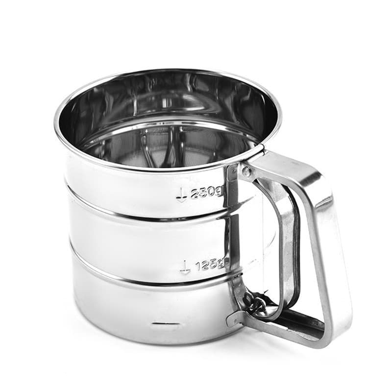 Polvilhador Peneira Caneca com Gatilho Manual Aço Inox Açucar Farinha Tapioca Cozinha Multiuso Y888