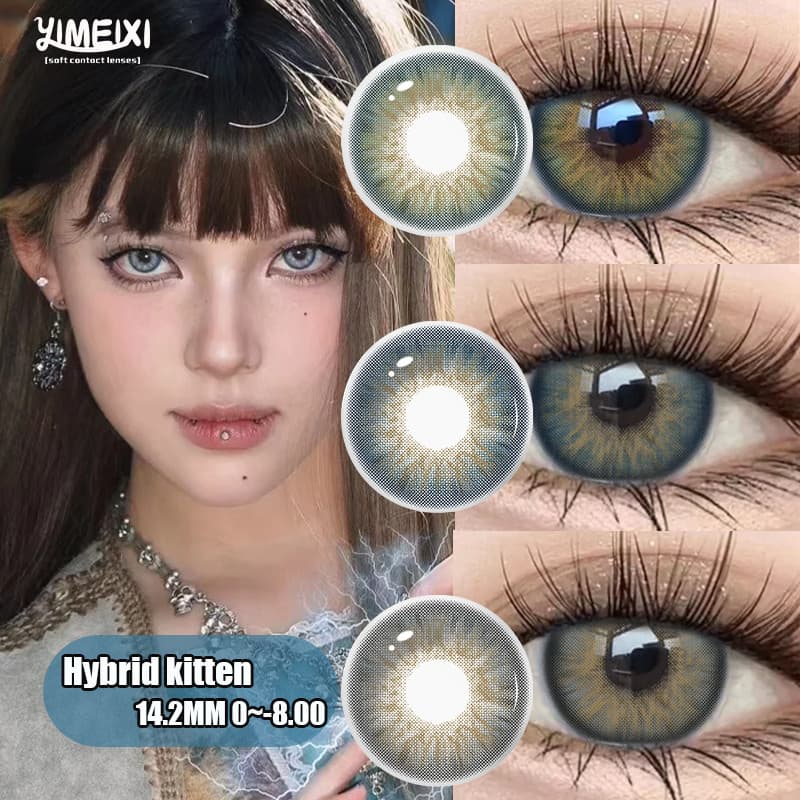Lente De Contato YIMEIXI Hybrid Kitten Series Com Verde Íris Grau 14.2 Mm Para Uso Anual