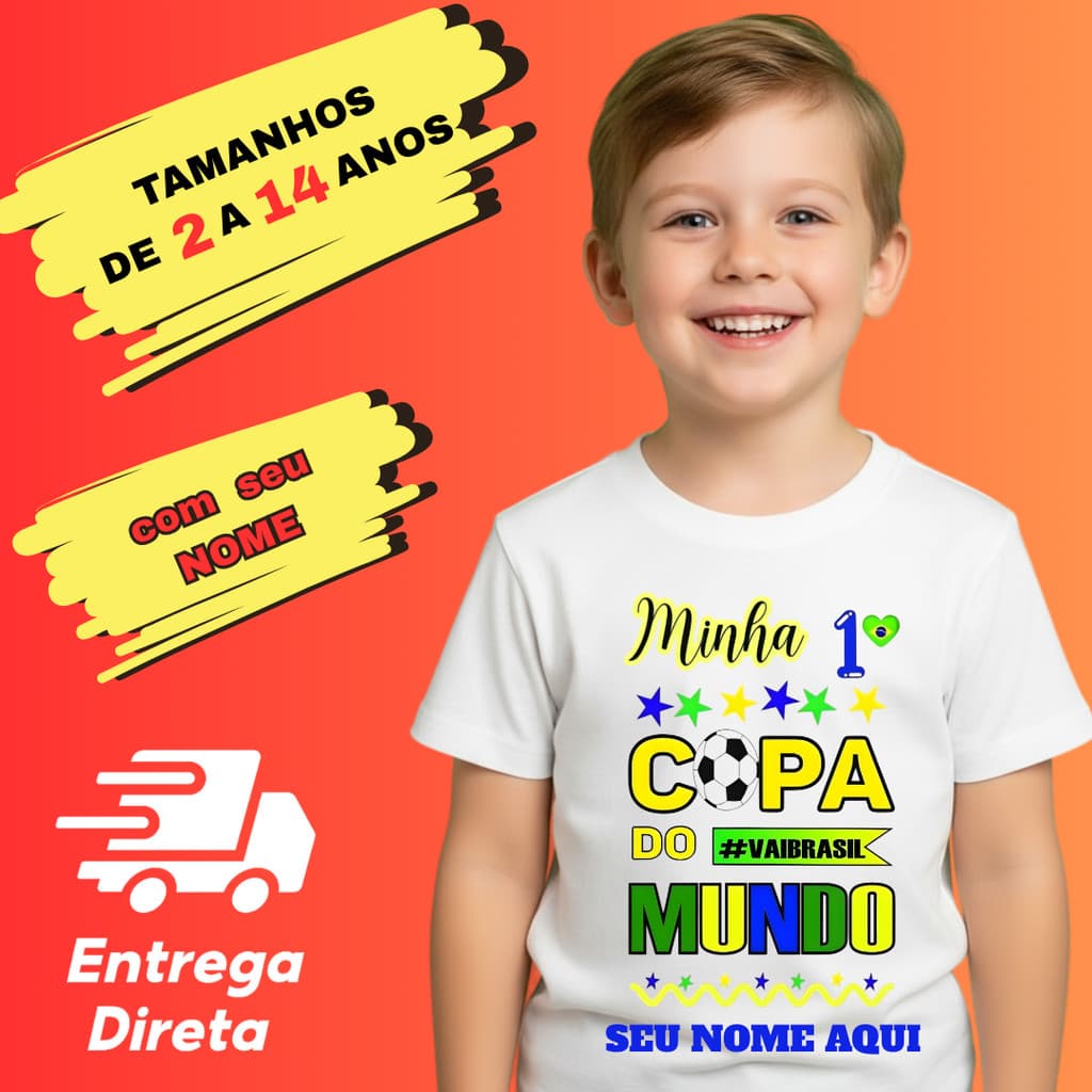 Camiseta Infantil Com Nome Copa Do Mundo Brasil Minha Primeira Copa Torcedor Baby T-Shirt 2 ao 14